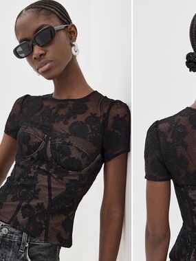 Self portrait Black Lace Corset-Inspired Short Sleeve Top
